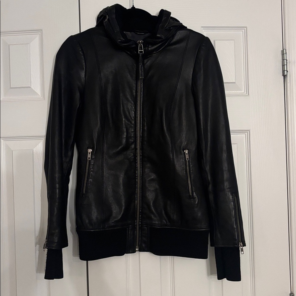 Mackage Black leather jacket with hidden hood in collar size small - Picture 10 of 11